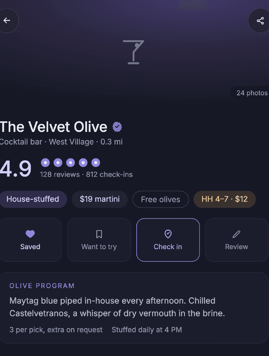 Blue Olive bar detail for The Velvet Olive — olive rating, provenance tags, and the olive program card