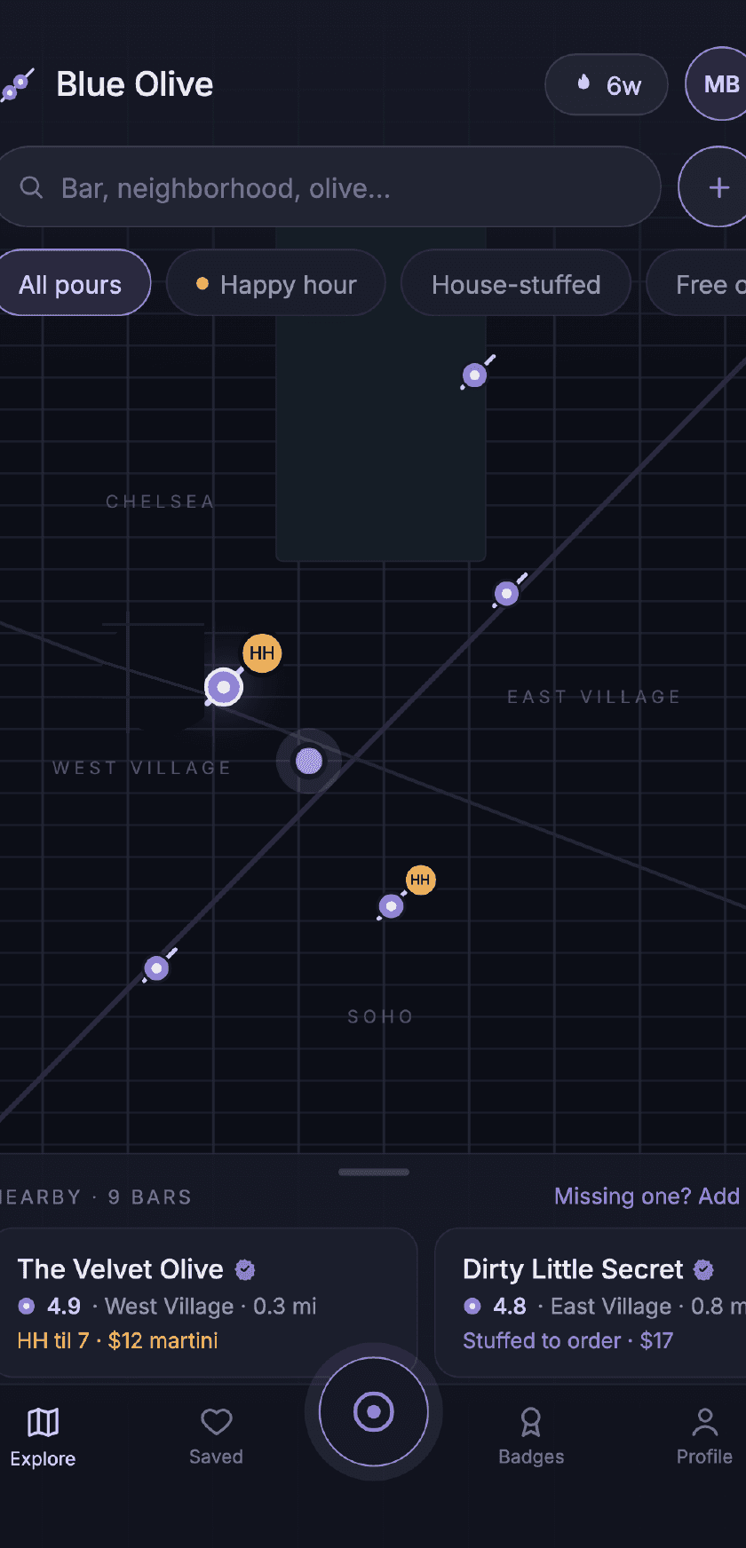 Blue Olive map home screen — skewer-olive pins across Manhattan with search and brine filters