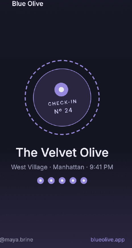 Blue Olive share story card — check-in stamp No. 24 at The Velvet Olive