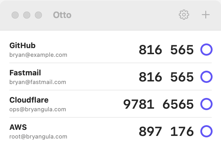 Otto's Mac window showing four accounts with live codes and countdown rings