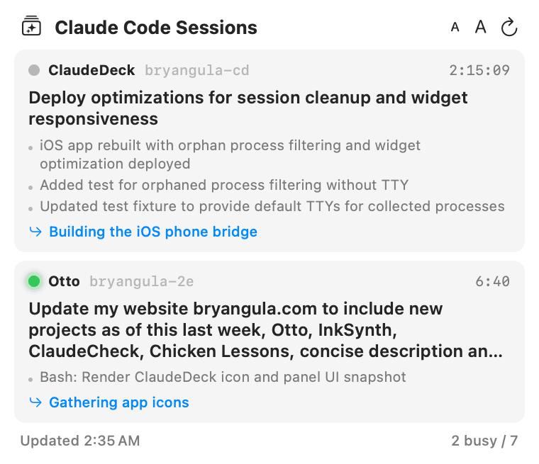 ClaudeDeck's floating panel listing live Claude Code sessions with status and timers